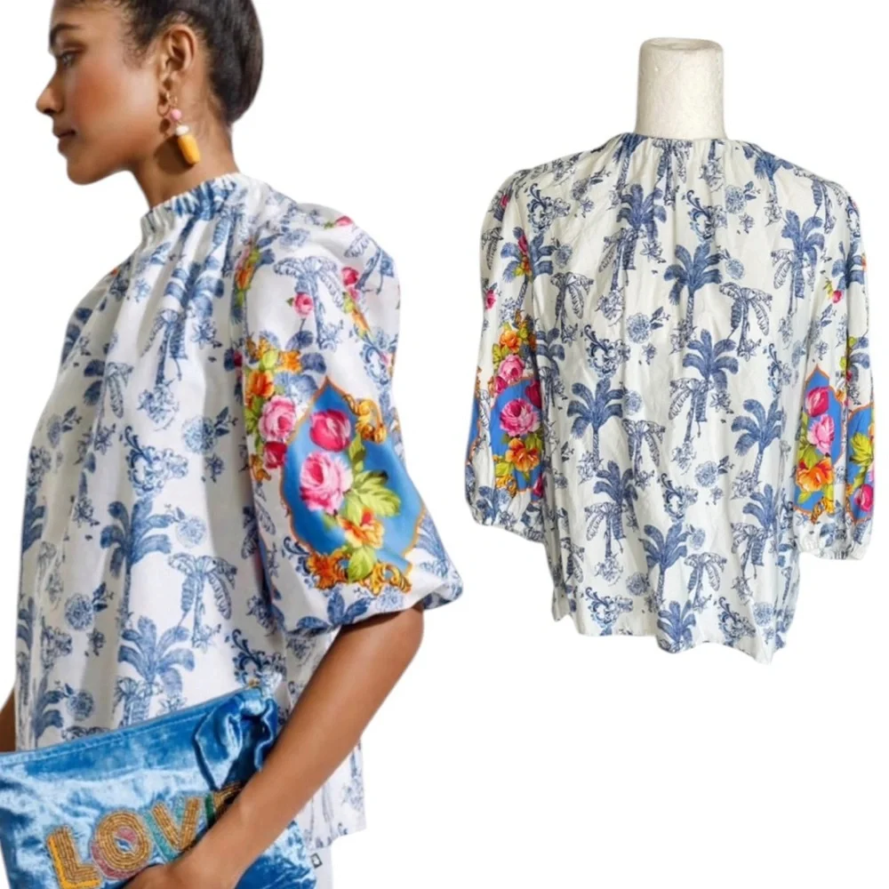 Emily Lovelock Blue Palm Tree Floral Print Puff Sleeve Top - L - Picture 11 of 11